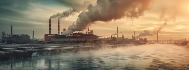 greenhouse gas fossil fuel emission in atmosphere causing global warming effect and climate change, urban city factory with pipes polluting smoke in air sky