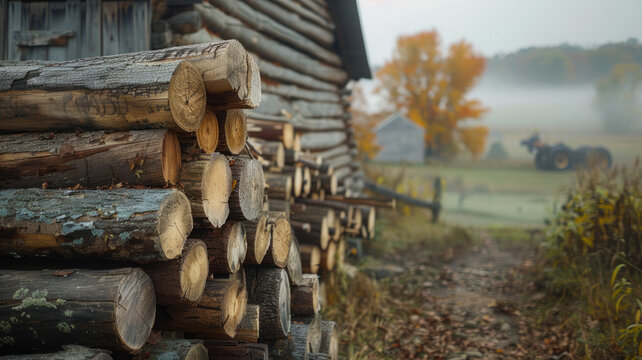 An old log cabin with woodpile in autumn