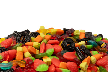 Assorted colorful gummy candies isolated on a white background. Top view.