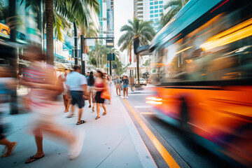 Blurred Motion: Bustling Scene in Miami with Sidewalks, Pedestrians, Bus, Palm Trees, and Shops, Capturing the Dynamic Energy of the City