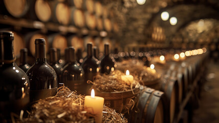 Barrels and bottles in a wine cellar - obrazy, fototapety, plakaty