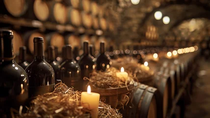 Fotobehang Barrels and bottles in a wine cellar © SashaMagic