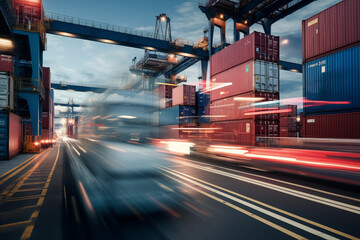 Blurred Motion: Truck Driving Through Port Yard at dusk with Rows of Stacked Containers in the Background, Capturing the Dynamic Activity of Industrial Transportation
