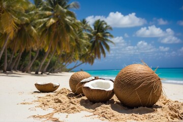 Coconuts on Top of a Sandy Beach, with Ocean and Blue Sky Background