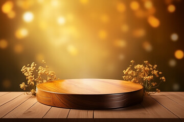 An empty round wooden podium set amidst a flowers and silk with water drops and modern background a product display background or wallpaper concept with backlighting 