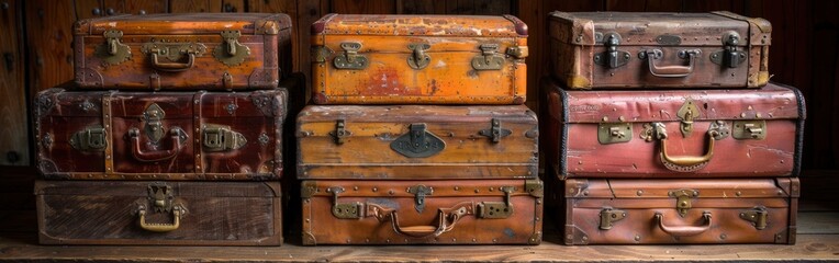 Several vintage suitcases are displayed neatly on a shelf