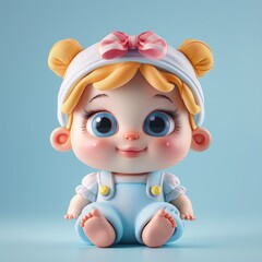 Fototapeta premium 3D cartoon-style illustration of a baby doll with blonde hair in blue onesie.