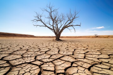 A lone leafless tree stands in a cracked desert landscape under a clear blue sky. Solitary Tree in a Cracked Desert Landscape - obrazy, fototapety, plakaty