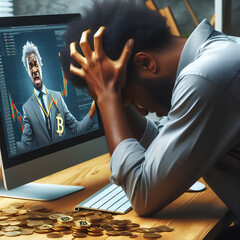 Desperate african man holding head in front of computer monitor. Trading bitcoin cryptocurrency losses