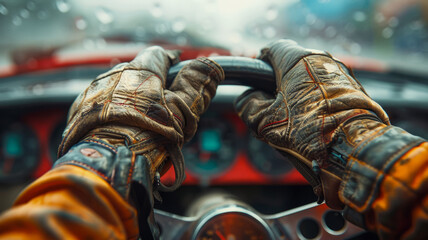 Person driving a car with leather gloves. - obrazy, fototapety, plakaty