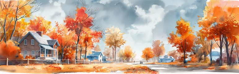 Foto op Canvas landscape of a mixed forest in the middle zone in bright autumn colors, watercolor illustration © kazakova0684