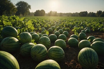 Watermelons Growing in Field under Bright Sunlight
