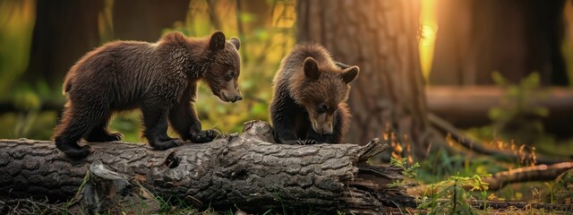 Beautiful playful brown bear cubs on log in wild forest. Animalistic illustration of young bears in the nature habitat. Web banner template. Generated with AI. - obrazy, fototapety, plakaty
