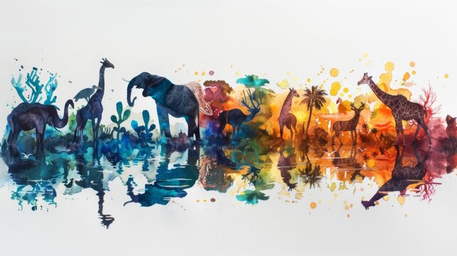 Vibrant watercolor artwork depicting various African wildlife silhouettes with a reflection, blending nature and art.