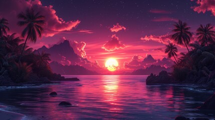 Tropical beach sunset with pink skies - obrazy, fototapety, plakaty
