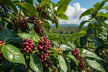 Coffee Beans on Tree with Picturesque View of Plantation