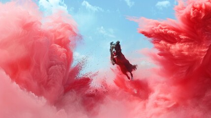  A dynamic shot capturing a Border Collie jumping energetically amidst swirling clouds of fiery red powder, creating a striking contrast against a clear blue sky
