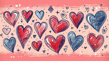 Hand-drawn hearts on pink background