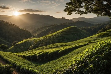 Obraz premium Sun Over Green Hills and Coffee Plantations