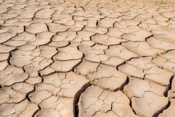 A close-up shot highlighting the textured pattern of cracked, dry earth. Close-up of Cracked Dry Earth Texture