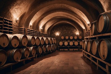 Wine Cellar with Wooden Barrels and Grapes by Large Arches