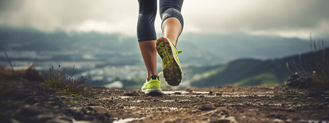 Lady or female / woman Caucasian trail runner running on a mountain hill with a close-up of the trail running shoes during a cloudy mid-day 