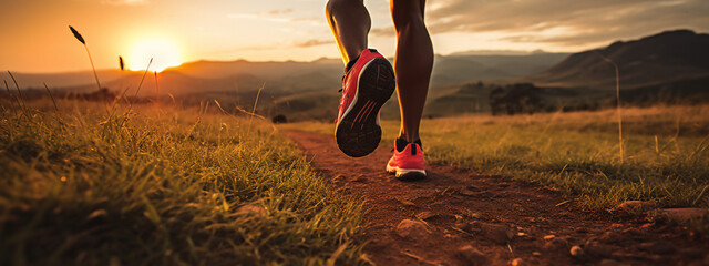  male or man South-African trail runner running on a path between meadows with a close-up of the trail running shoes during sunset 