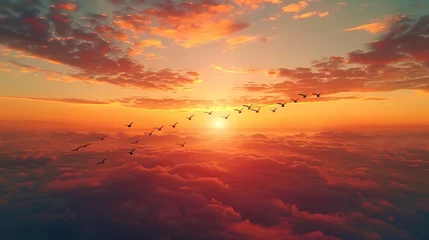 Papier Peint photo Brique Birds flying in formation at sunset