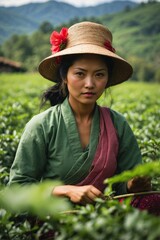 Woman Collecting Tea Leaves in a Tea Plantation