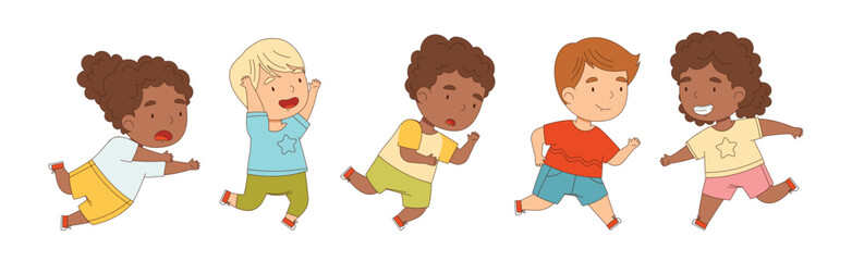 Happy Kid Running Rush Forward and Hurry Vector Set