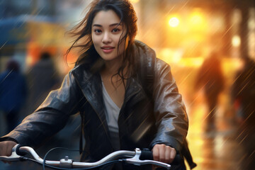 A beautiful adult of Asian hipster woman riding her bicycle to work, a frontside portrait of a woman commuting on a bicycle on a rainy day in an urban street at sunset 