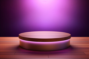 An empty round wooden podium set amidst a purple background and modern background a product display background or wallpaper concept with front-lighting 