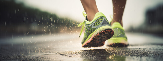 Lady or female / woman Latin trail runner running on a asphalt street with a close-up of the trail running shoes during a rainy day 
