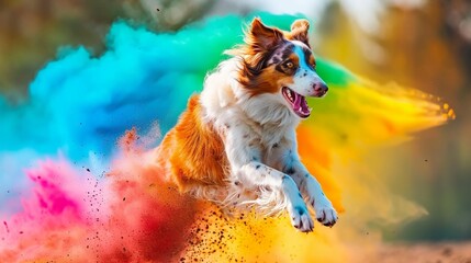  Frozen in mid-air, a Border Collie jumps through a vibrant rainbow of powder, each color vividly captured against the backdrop of a sun-kissed mountain range
 - obrazy, fototapety, plakaty