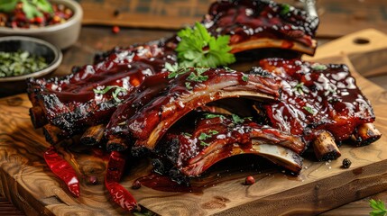 Grilled ribs on cutting board. Grilled to perfection, these ribs are a carnivore's dream, a symphony of flavors on your plate.