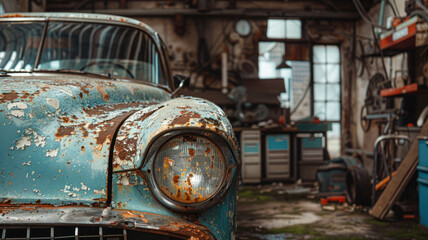 A rusty vintage car in a garage.