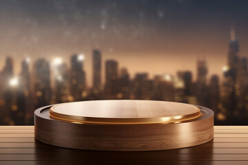 An empty round wooden podium set amidst a city with water drops and minimalist background a product display background or wallpaper concept with front-lighting  - obrazy, fototapety, plakaty