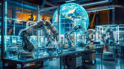 Industrial robot technology in a factory, modern machinery and automation equipment concept