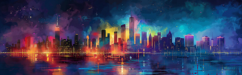 colorful night city with skyscrapers watercolor illustration