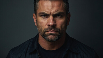 Close-up portrait of an angry middle-aged man standing against a dark background.