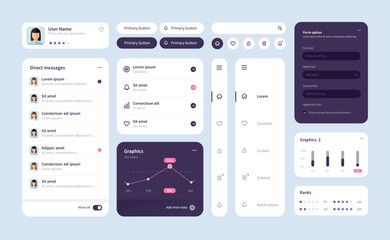 Big and improved ui kit for web designing, mobile apps with the different buttons, charts, diagrams, menu, search, tabs and others. - obrazy, fototapety, plakaty