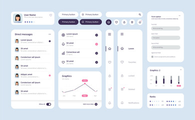 Big and improved ui kit for web designing, mobile apps with the different buttons, charts, diagrams, menu, search, tabs and others.