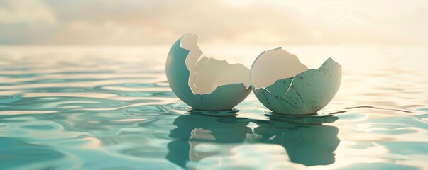 Broken eggshell floating on water at sunrise - obrazy, fototapety, plakaty