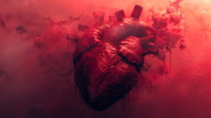 Surreal art of a human heart in a red misty atmosphere - obrazy, fototapety, plakaty