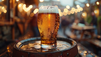 Glass of beer on a barrel with lights in background - obrazy, fototapety, plakaty