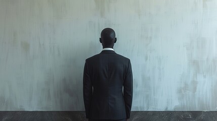 Man in a suit facing a textured wall
