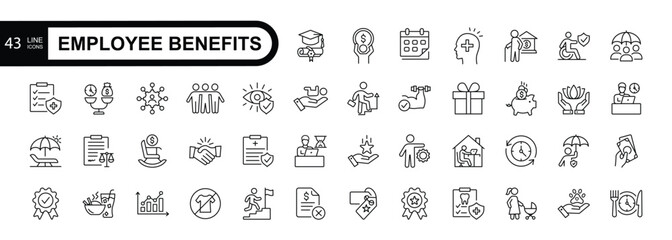 Employee benefit editable stroke  icons set. Included icons as teamwork ,insurance, paid Vacation, pension, social Security. Vector illustration 