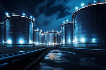  Close up of oil and gas terminal storage tanks of industrial plant or industrial refinery factor with a clear sky at night; in a forest environment the future of energy 