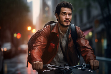 A beautiful young adult of Asianformal man riding his bicycle to work, a frontside portrait of a guy commuting on a bicycle on a rainy day in an urban street at sunset  - Powered by Adobe