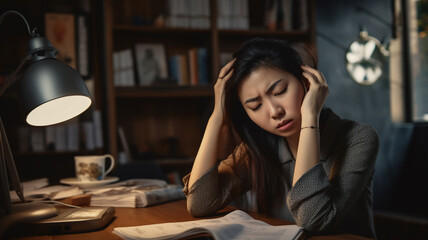 A tired and frustrated young adult and Mongolian business woman is sitting at her modern office desk with her hands in her hair with backlighting 
